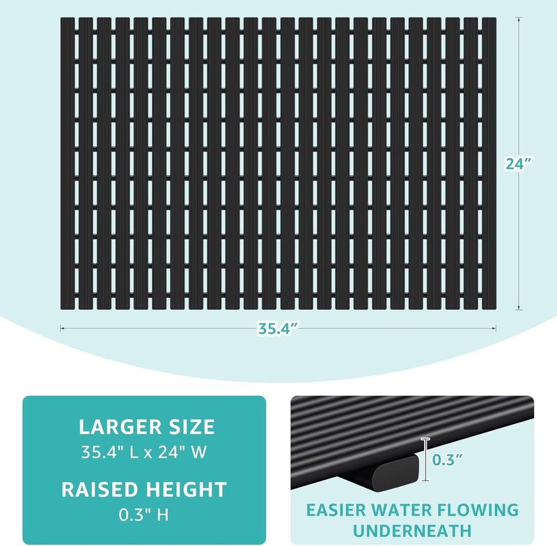 OTHWAY Large Shower Mat, 35.4 x 24 Inch No Suction Cup Shower Mat Non Slip, Quick Drain Non Slip Shower Mats for Inside Shower, Heavy Duty Curlable PVC Stand up Shower Floor Mat, Black - Image 2